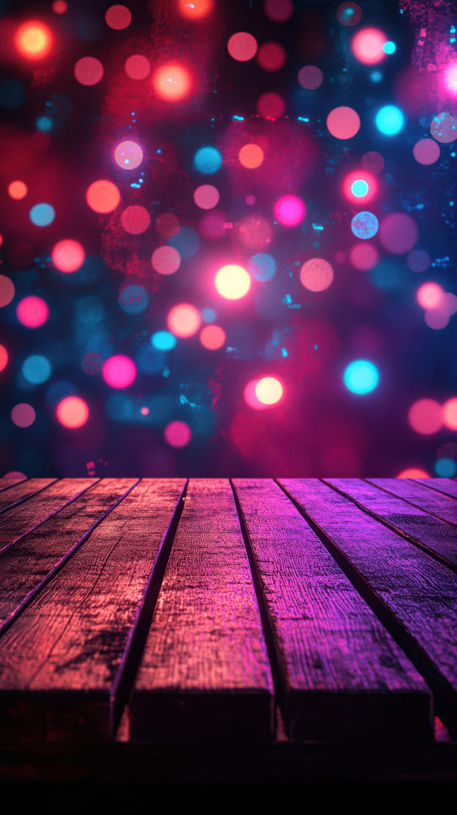 Vibrant background of colorful lights with a wooden floor perspective at a festive gathering setting